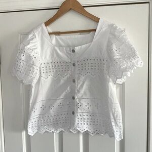 Nicole Miller Embroidered White Eyelet Cotton Button-Up Top S